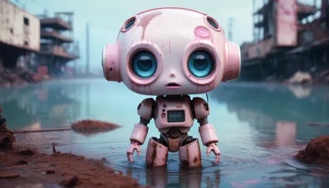 Cinematic Canon DLSR Wide-Angle Photo, bright, milky pastel pink pearlescent doll cyborg with captivating eyes wearing a neon-wh...