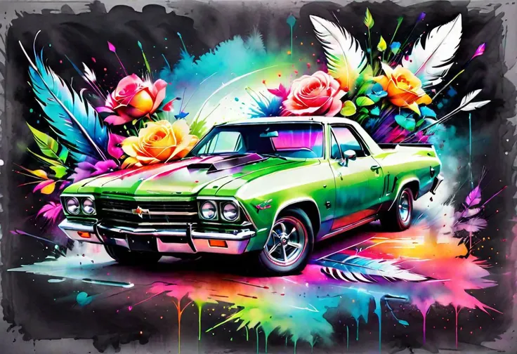 um El Camino vintage elegantemente colorido, com penas, flores e flechas, Jardim de rosas, cor do arco-íris, criando respingos, alta definição, fundo verde neon claro, estilo vetorial, estilo espanhol, Retrato, aquarela, efeitos de água e arte em giz com luz de fundo, imagem muito ruim negativa_v1.3