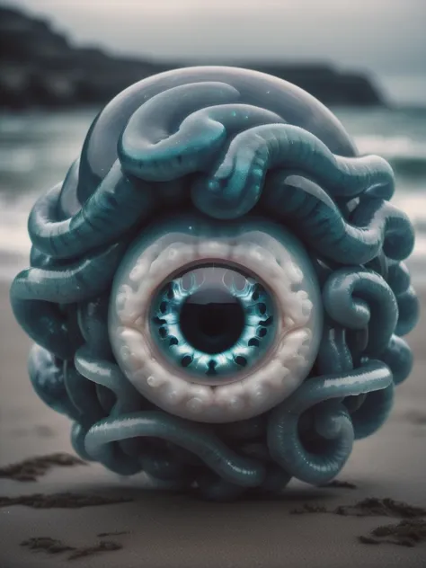 there is a blue octopus eyeball on the beach near the ocean