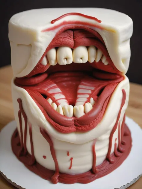 a close up of a cake with a mouth made of blood