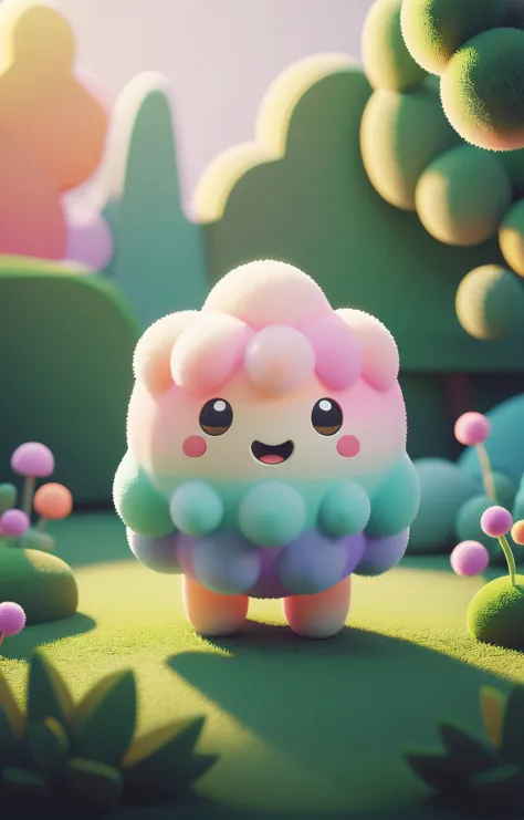 3d isometric, blender render, soft colorful-hued colors, tiny fluffy cloud creature in a garden, Two tone lighting, abstract geo...