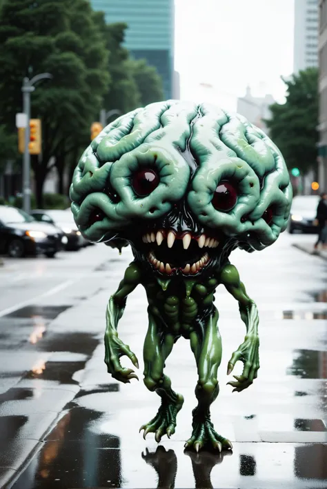 positivo: Foto cinematográfica realista de um ser humanóide verde em forma de gosma (CÉREBRO) caminhando na rua, filme de terror xenomorfo gritando por Diane Arbus, tirada por Joshua Hoffine, tirada por Rick Jones . Fotografia 35mm, film, Bokeh, profissional, 4K, Altamente detalhado