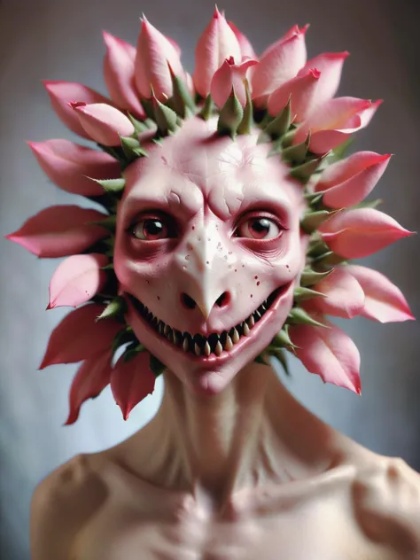 realistic mid shot portrait photo of a humanoid rosemorph creature with spiky face, petal hair