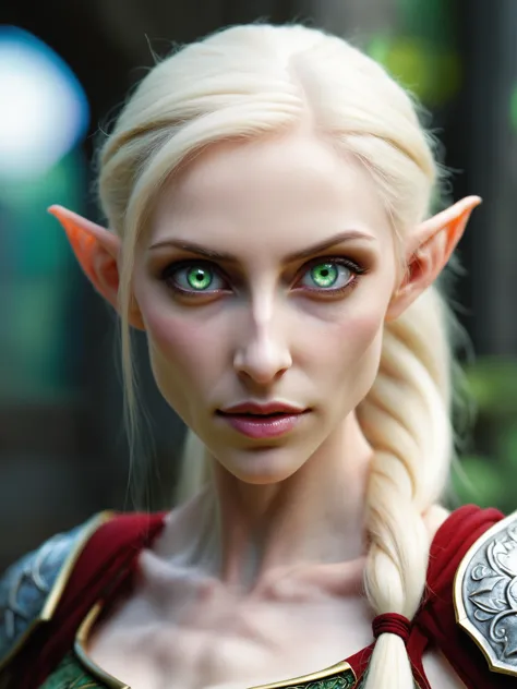 a close up of a woman with a sword and green eyes