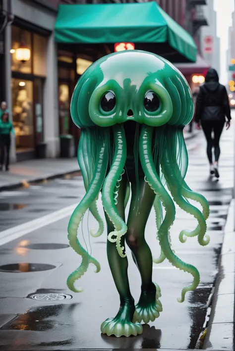 Positive: cinematic photo realistic photo of a humanoid green goop jellyfish shaped creature walking on the street, horror movie...