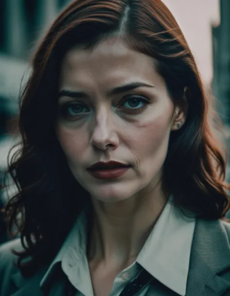 realistic photo of a real life version of Lois Lane, mysterious cinematic LUT, highly detailed analog style photography, mid sho...