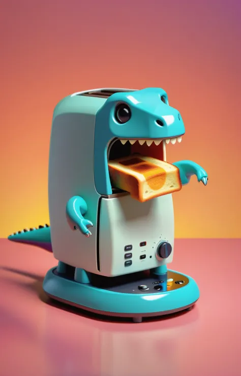 3d isometric, blender render, soft colorful-hued colors, tiny toaster as a t-rex hybrid, Two tone lighting, simple colorful back...