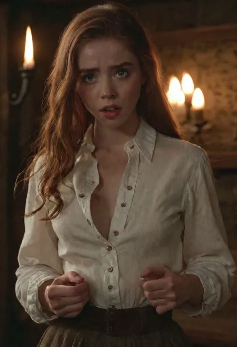 nsfw, highres masterpiece, award winning, medium full shot, a pretty cute irish girl, wearing nothing but an (19th century:1.2) cotton shirt, (completely unbuttoned shirt:1.2), opened shirt, parting lips, pleased, seductive, secretive, mysterious, ambiguous, inviting, devilish, exquisite lighting, intricately detailed, cinematic LUT