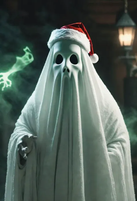 a close up of a ghost with a santa hat on