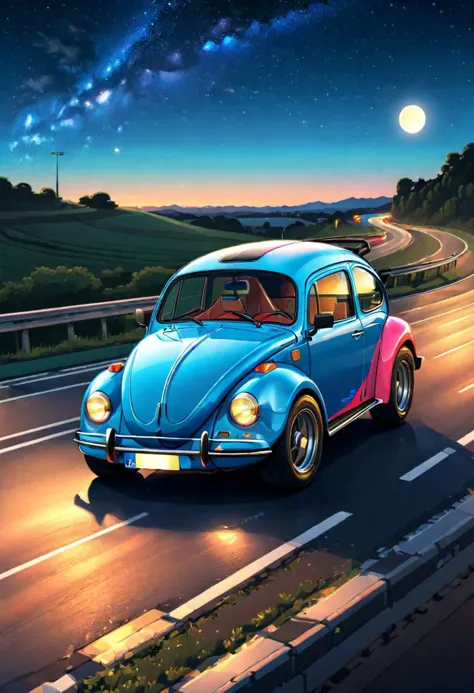 a supersport van, bettle style, high quality, high resolution, on a long straight road, at night, blue sky, real colors, lineart...