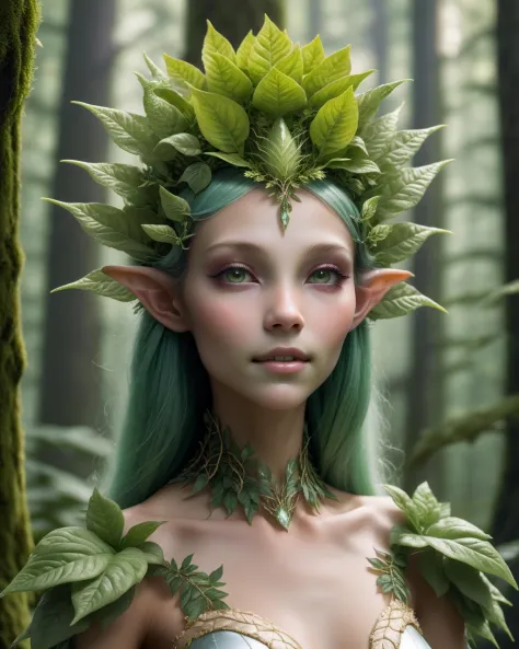 Closeup de um jovem humanoide (criatura vegetal) como princesa da floresta