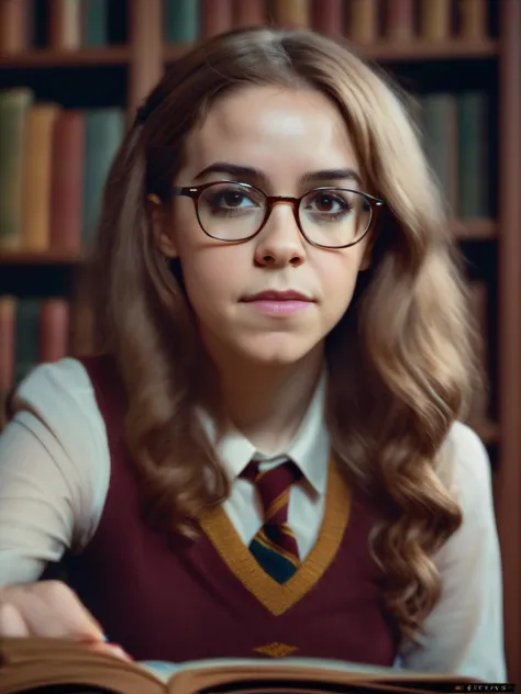 Hermione Granger como bibliotecária, copos, foto de retrato em estilo analógico por Marek Okon e Alex Grey, LUT cinematográfico