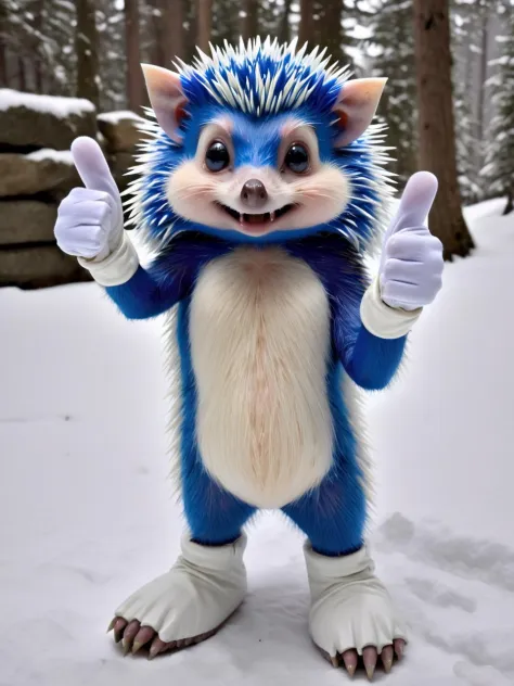 humanoid blue hedgehog creature, white gloves, showing thumbs up