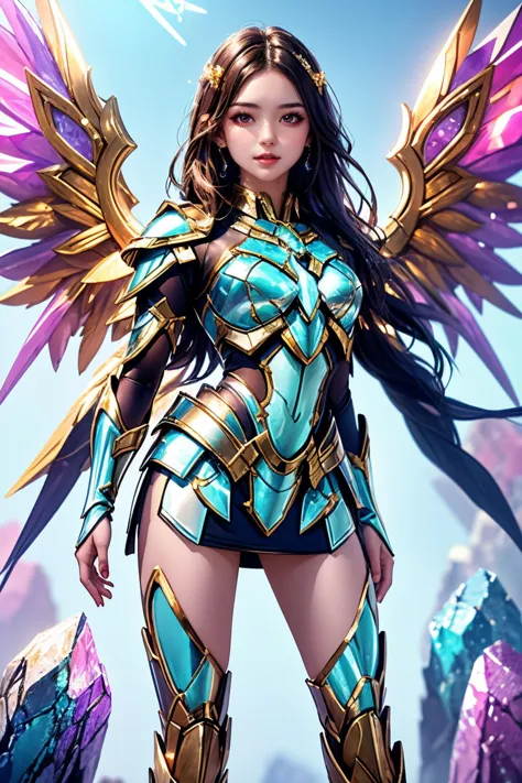 <lora:AgainCyberpunkArmor:0.8>1girl, solo, breasts, long hair, mini skirt, looking at viewer, wings, (see-through crystal armor:...