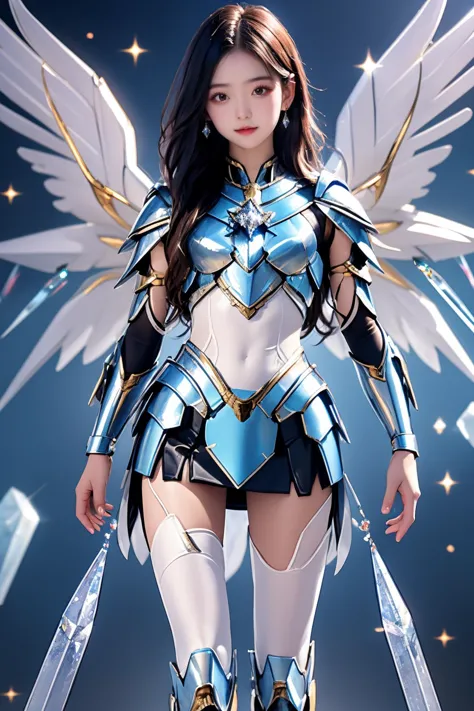 <lora:AgainCyberpunkArmor:0.8>1girl, solo, breasts, long hair, mini skirt, looking at viewer, wings, (see-through crystal armor:...