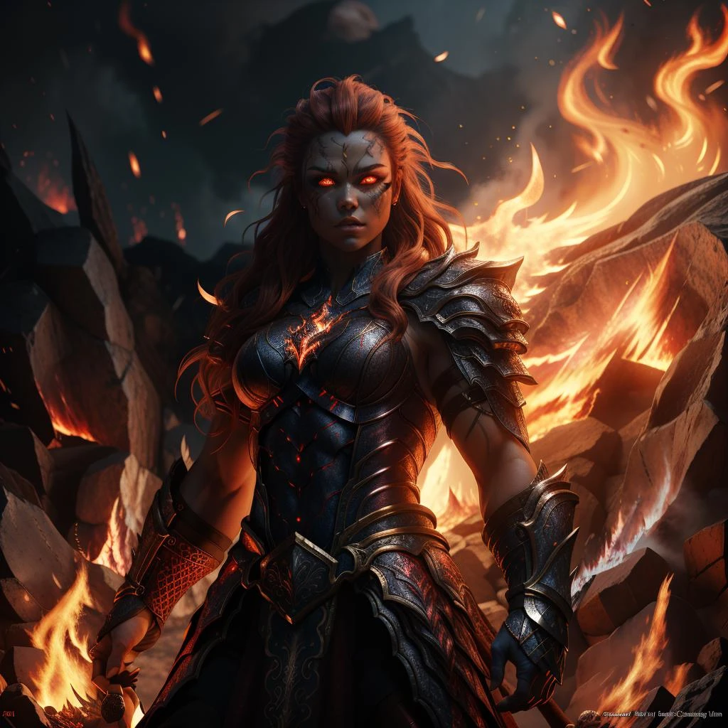 RAW photo, (high detailed skin, detailed eyes:1.1), intricate details, best quality, 8k uhd, soft lighting, fire giant, 1girl, armor, red hair, breastplate, colored skin, flaming eye, full armor, glowing eyes, molten rock, orange hair  