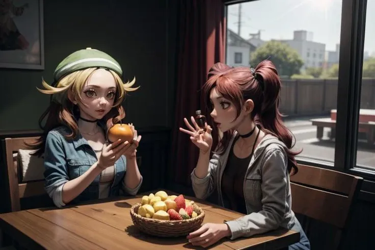 <lora:bianca3:1>, <lora:risekujikawa:1>,  <lora:add_detail:1>, <lora:LowRA:0.35>, bianca and risekujikawa are in the dining room, fruit, bottle, food, paper bag, sunlight