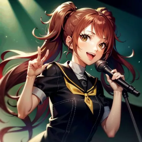 1 girl,solo,risekujikawa,smile,black school uniform,yellow neckerchief, <lora:riseKujikawaPersona4_v10:1>, singing, mic in hand