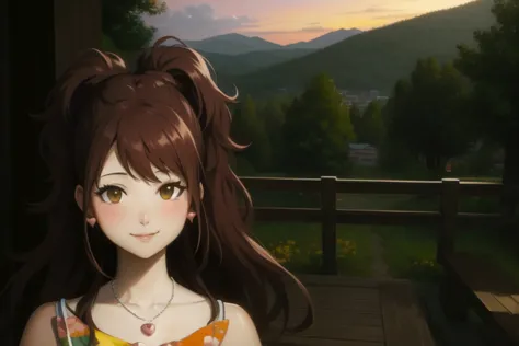 risekujikawa, happy, (smile:1.3), blush, orange sundress, bare shoulders, (heart necklace:1.3), pearl earrings, pavilion, palisa...