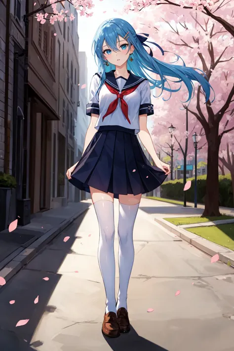 (masterpiece), best quality, high resolution, highly detailed, detailed background, perfect lighting, lens flare, city street, cherry blossoms, falling petals, 1girl, solo, full body, standing, head tilt, arms behind back, long hair, hair between eyes, light blue hair, hair ribbon, hairclip, looking at viewer, earrings, medium breasts, white serafuku, blue eyes, parted lips, white thighhighs, loafers, narrow waist