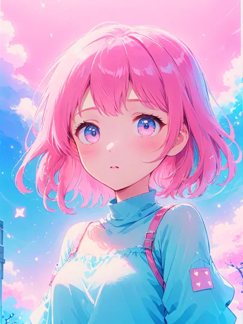 anime girl with pink hair and blue eyes standing in front of a pink sky