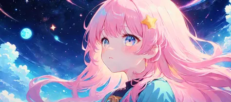 anime girl with pink hair and blue eyes looking at the stars