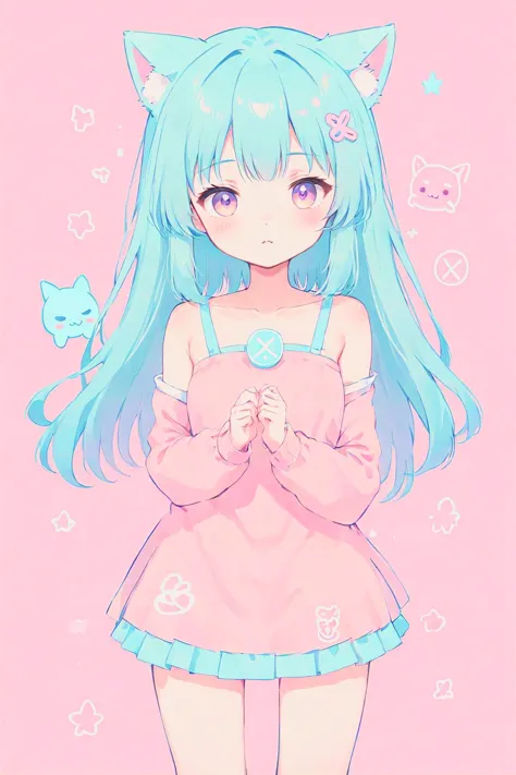 a cartoon girl with blue hair and a pink dress