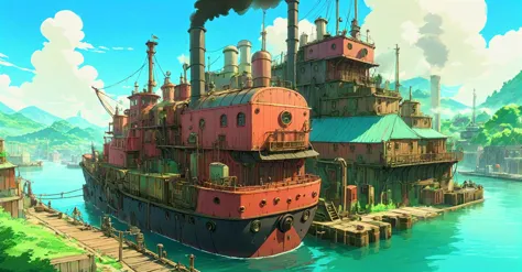 ((masterpiece.)) A  transportation ship enters the docks of an industrial, steam-punk port of a small port village in a new, fertile, largely undeveloped new land. Exploration, adventure. Vibrant colors.  <lora:extremely_detailed:0.4> extremely detailed <lora:stylesqueeze_v3_xl:0.75>  <lora:Studio Ghibli Style:1.0> Studio Ghibli Style