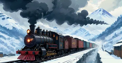 ((masterpiece.)) A  steam-powered steampunk train engine chugs clouds of black smoke, while towing several matching box and cargo units behind it. The train traverses an epic wintery snowy mountain on the opposite side facing the camera. Stormy, unpleasant weather -- rain, light winds. Hauntingly beautifully dreary.  <lora:extremely_detailed:0.4> extremely detailed <lora:stylesqueeze_v3_xl:0.75>  <lora:Studio Ghibli Style:1.0> Studio Ghibli Style