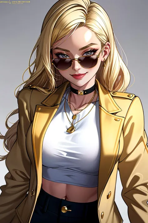 ((Meisterwerk, beste Qualität)),edgQualität,Grinsen,smug,
edgCJ, eine Frau in einer Jacke ,trägt edgCJ,schicke Jacke blonde Nadia, Sonnenbrille,HALSBAND