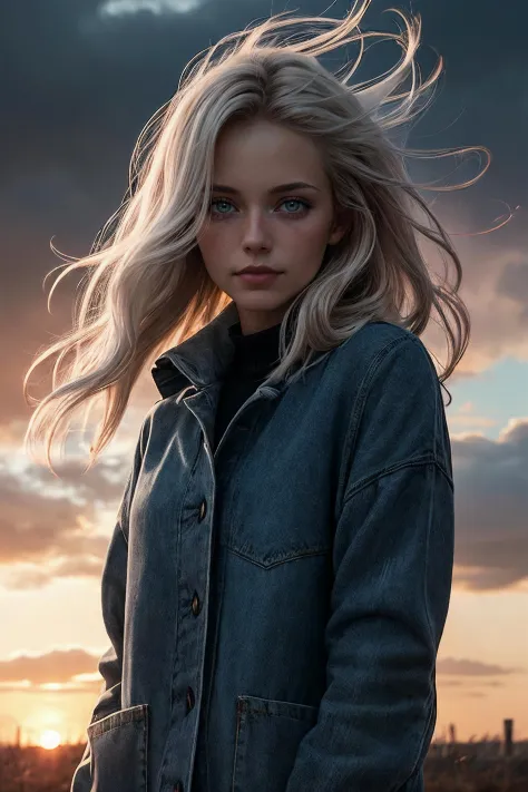 best quality, masterpiece, detailed, realistic, RAW photo, portrait, a woman, windy weather, windswept hair, platinum blonde hai...