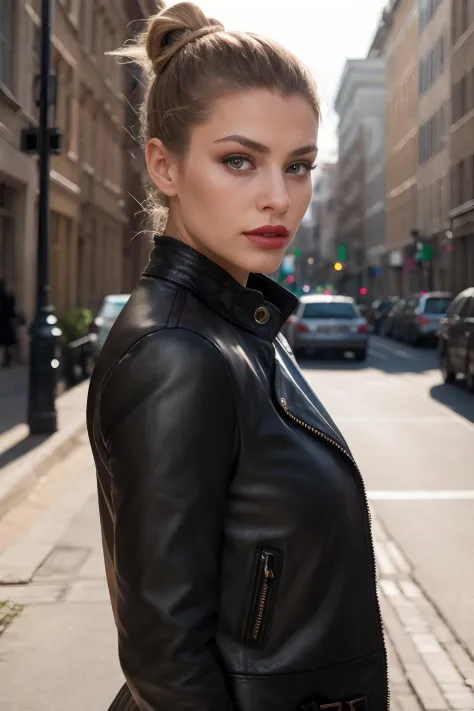 masterpiece, best quality, (photorealistic:1.4),  from side,
cinematic lighting, coherent light, coherent shadows, depth of field, RAW photo, 8K UHD, ultra high resolution,
1girl, detailed eyes, detailed skin, zh_jessicag, realistic, blonde hair, hair bun, long hair, lipstick, jewelry, makeup, outdoors,  (dress, leather jacket)