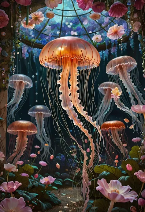 fabled, jellyfish, Amidst a tapestry of delicate petals, a secret garden reveals, its intricate blooms unfolding like a tale of mystic charm, Being polarized by filters, intricate details, ultra sharp, fantasy art concept, fantastical fairy tale, whimsical surroundings <lora:low_key_lights_XL:0.8> LowKeyLights