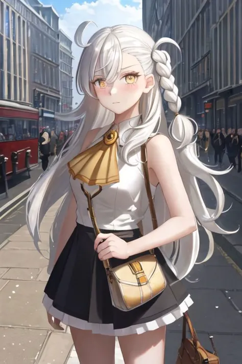 anime girl with long white hair and a purse on a city street