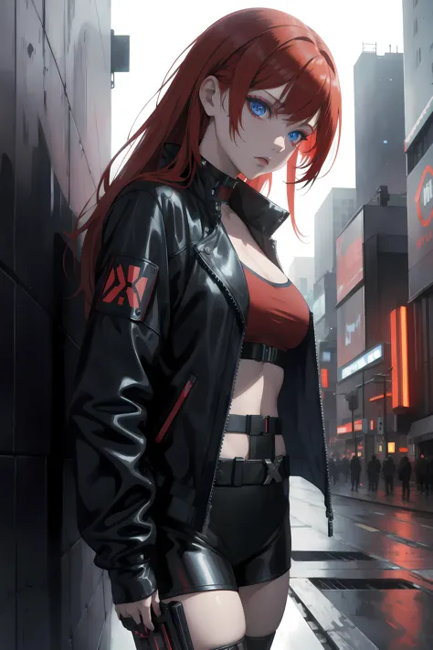 masterpiece, best quality, red hair, blue eyes, 1girl, solo, cyberpunk, downtown, leaning against wall, neon, techwear, makeup, cowboy shot