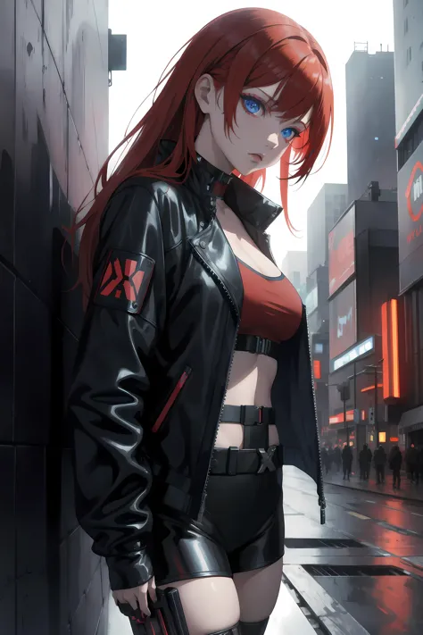 anime girl with red hair and black leather jacket standing on a city street