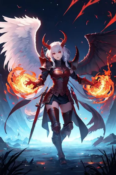 thiefling, red_eyes, angel, wings, flying_over_battlefield, casting_fire_spell, armored, in_sky, big_spell