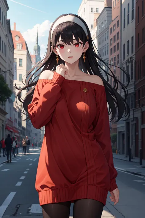 masterpiece, best quality, highres, bbyorf, long hair, white hairband, red eyes, gold earrings, large breasts, jewelry, off shoulder, red sweater, sweater dress, long sleeves, black pantyhose, cowboy shot, standing, outdoors