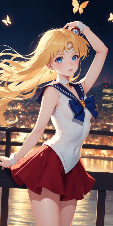 (work of art), (masterpiece), (best quality), a blonde girl, (blue eyes), wearing Sailor Moon clothes, brightly lit night city b...