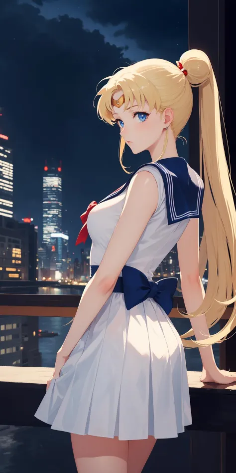 (work of art), (masterpiece), (best quality), a blonde girl, (blue eyes), wearing Sailor Moon clothes, brightly lit night city b...