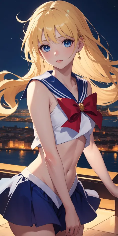 (work of art), (masterpiece), (best quality), a blonde girl, (blue eyes), wearing Sailor Moon clothes, brightly lit night city background 