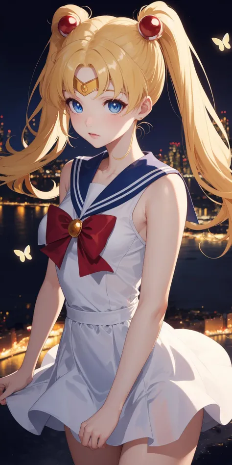 (work of art), (masterpiece), (best quality), a blonde girl, (blue eyes), wearing Sailor Moon clothes, brightly lit night city background, red bow, butterflies in golden circle, flowing hair (pigtails)<lora:sailor_moon_v1:0.7>