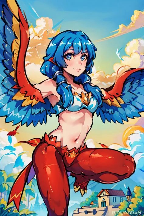 (masterpiece, best quality:1.2), solo, 1girl, trharpy, monster girl, slight smile, looking at viewer, winged arms, bird legs, bl...