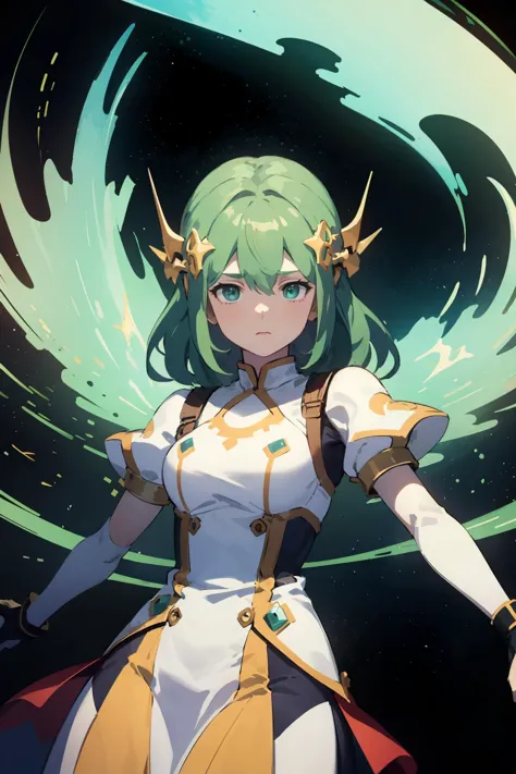 a woman in a white dress with green hair and a sword