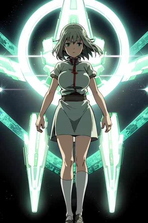 anime girl in short skirt standing in front of a star