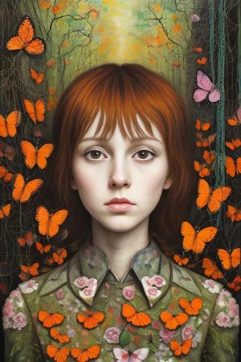 2D Digital Paintings , Optical Illusion upper body portrait of  warlike glib  Jon Heder ,  lanky   with Persimmon hair  in A place full of gardens suspended by ropes and chains and butterflies with little details in everything The Forest of Mirrors: A plac...