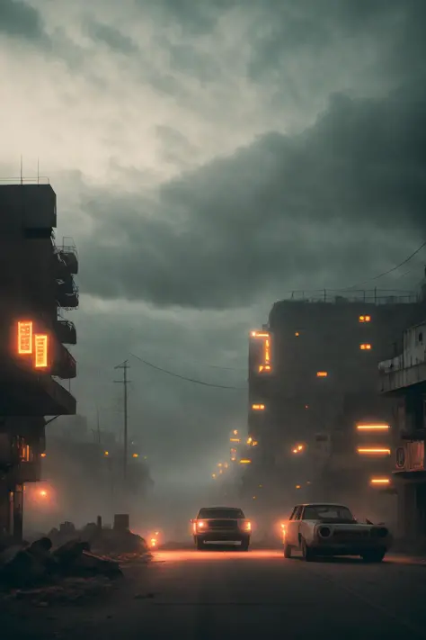 Cinematic film still, retrofuture serbian architecture, desert irradiated postapocalyptic, foggy, (city streets view from balcony:1.2), unreal engine, raytracing, (dust particles:1.1), vertigo, red and orange haze, sandstorm, storm clouds cloudy, the last ...