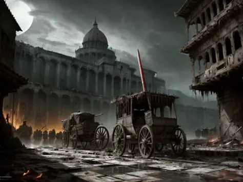 hyperdetailed 3d matte painting, cinemascope panoramic, awe inspiring, colossal, landscape, ((close quarters battle)), (( He drives his (chariot), there arose (((a night Dark with huge slaughter and with crime))), and groans As of a voice immense, and soun...