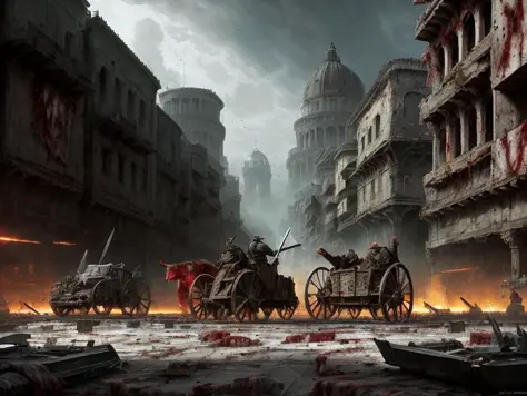 epic, hyperdetailed 3d matte painting, cinemascope panoramic, awe inspiring, colossal, landscape, ((close quarters fight, warriors)), battle, (( He drives his (chariot), there arose (((a night Dark with huge ((slaughter)) and with (crime)))), and groans As...