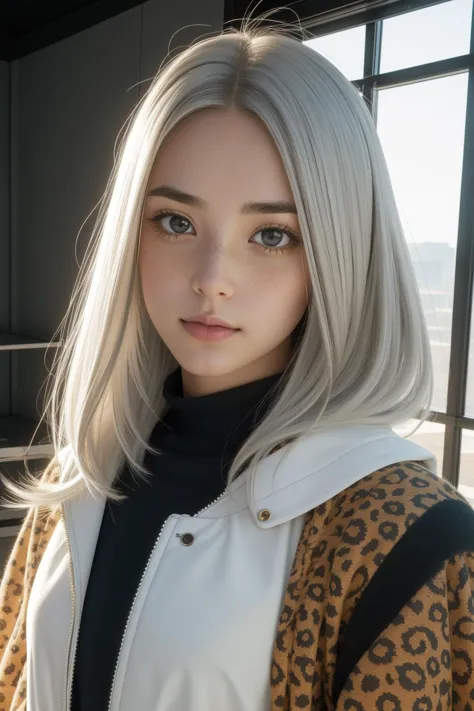 a woman with long white hair and a leopard print jacket